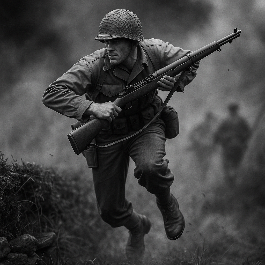 US soldier running with a Garand Rifle