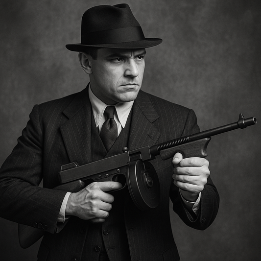 1920s gangster holding a thompson machine gun