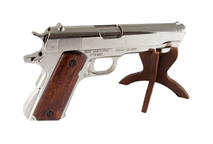 Denix 1911 Non-Firing Prop Gun in Nickel With Wood Grips - TCN VAULT