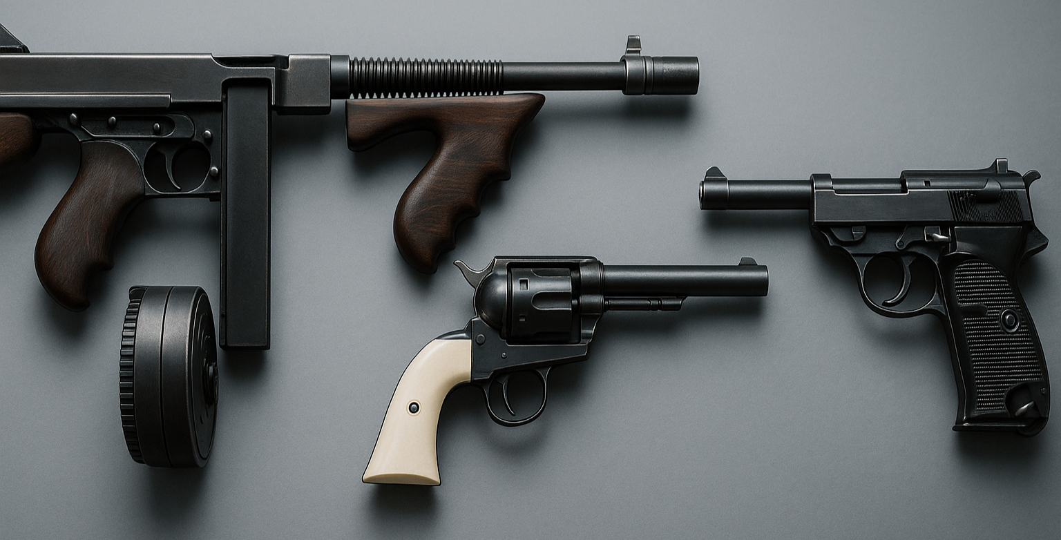 Three firearms including a rifle, revolver, and pistol on a gray background