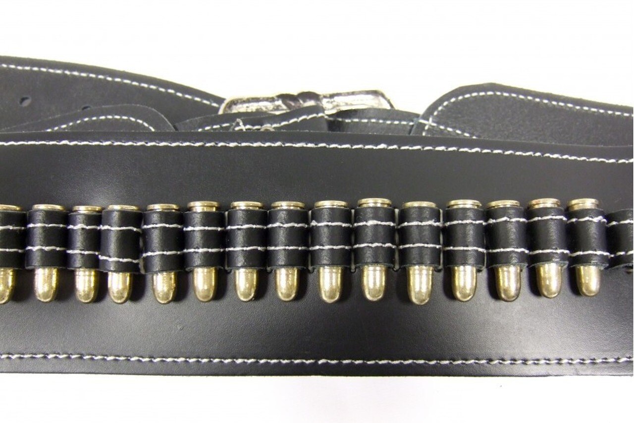 Black leather belt with gold-colored metal loops on a white background