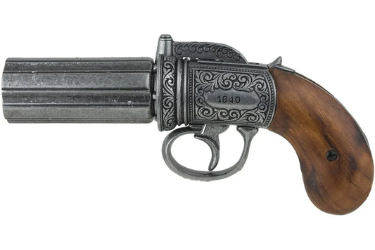 Denix 1840 6 Barrel Pepper-Box Non Firing Revolver in Grey