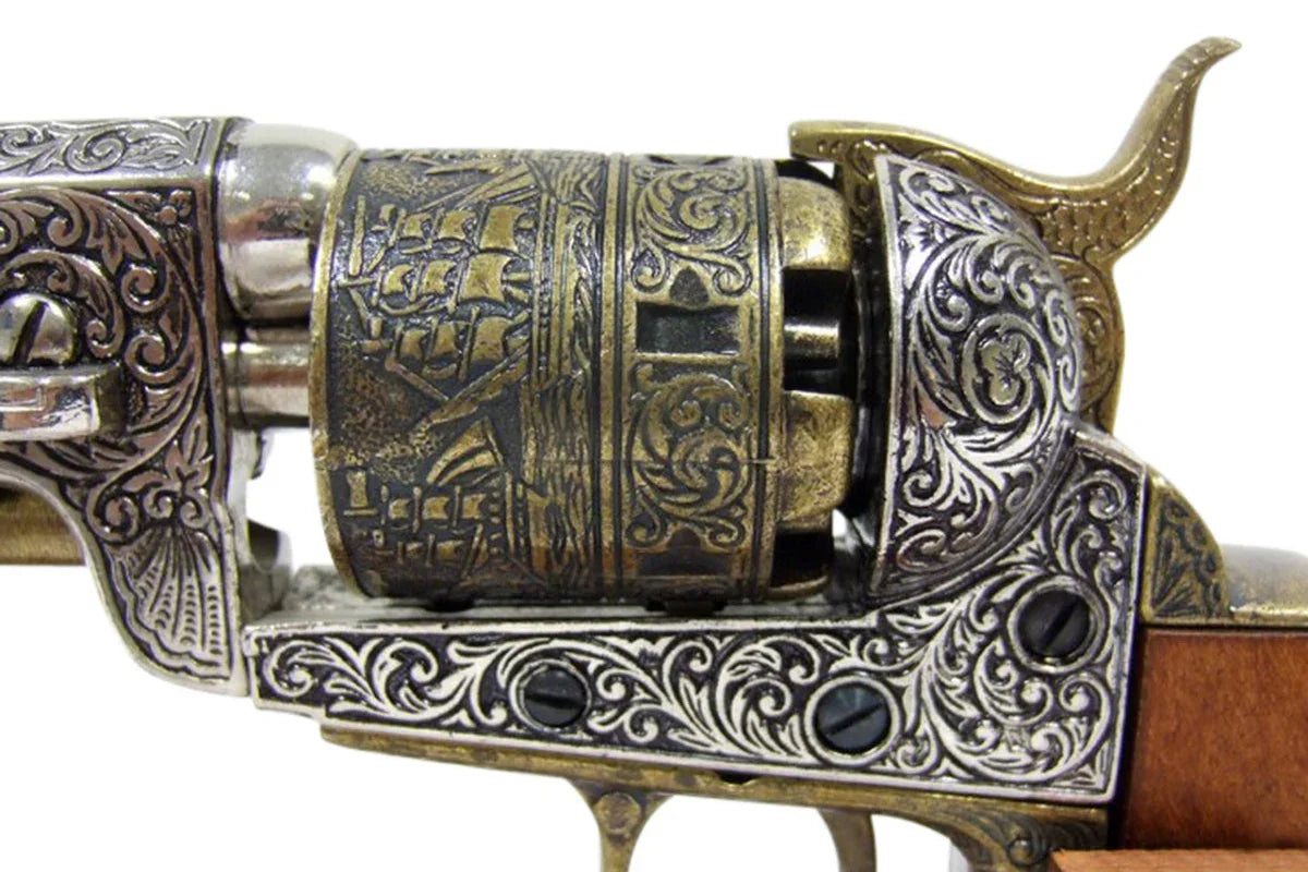 Denix 1851 Engraved Navy Non-Firing Revolver, Gold and Nickel Finish