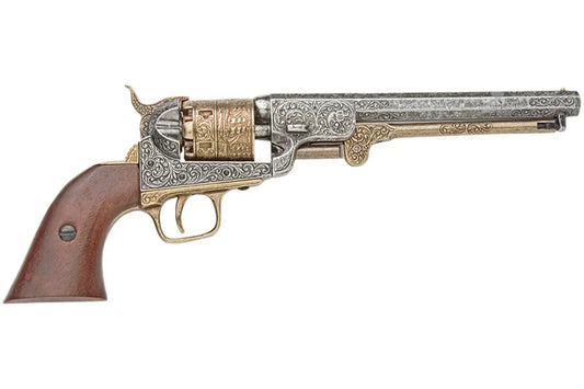 Denix 1851 Engraved Navy Non-Firing Revolver, Gold and Nickel Finish