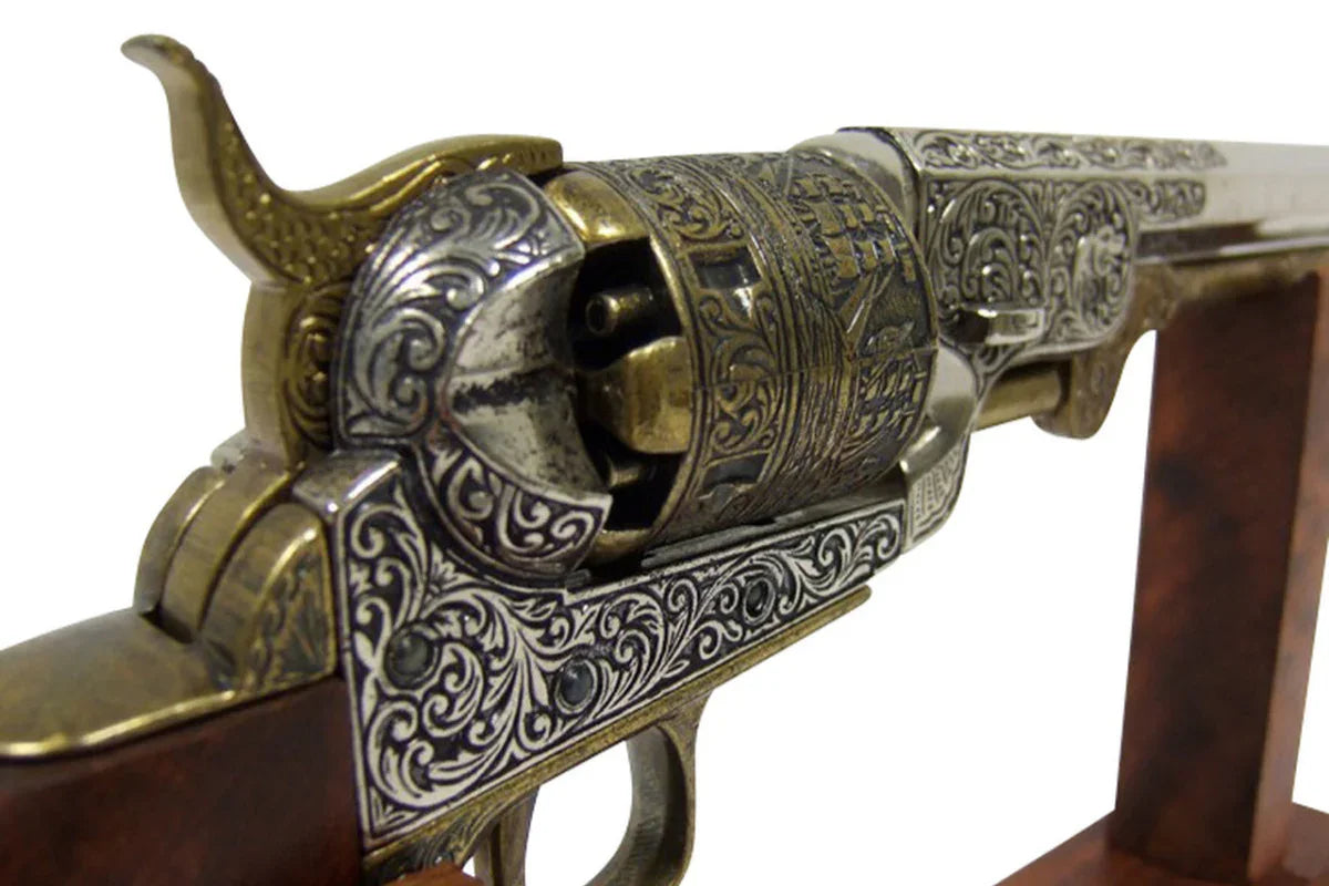 Denix 1851 Engraved Navy Non-Firing Revolver, Gold and Nickel Finish