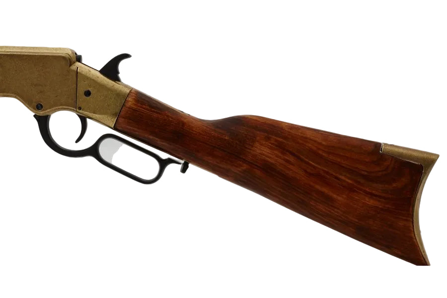 Detailed view of Denix 1873 rifle replica wooden stock with authentic grain finish