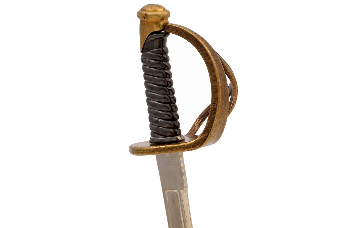 Denix 3059 Civil War officer's sabre letter opener brass guard and dark wrapped grip close-up