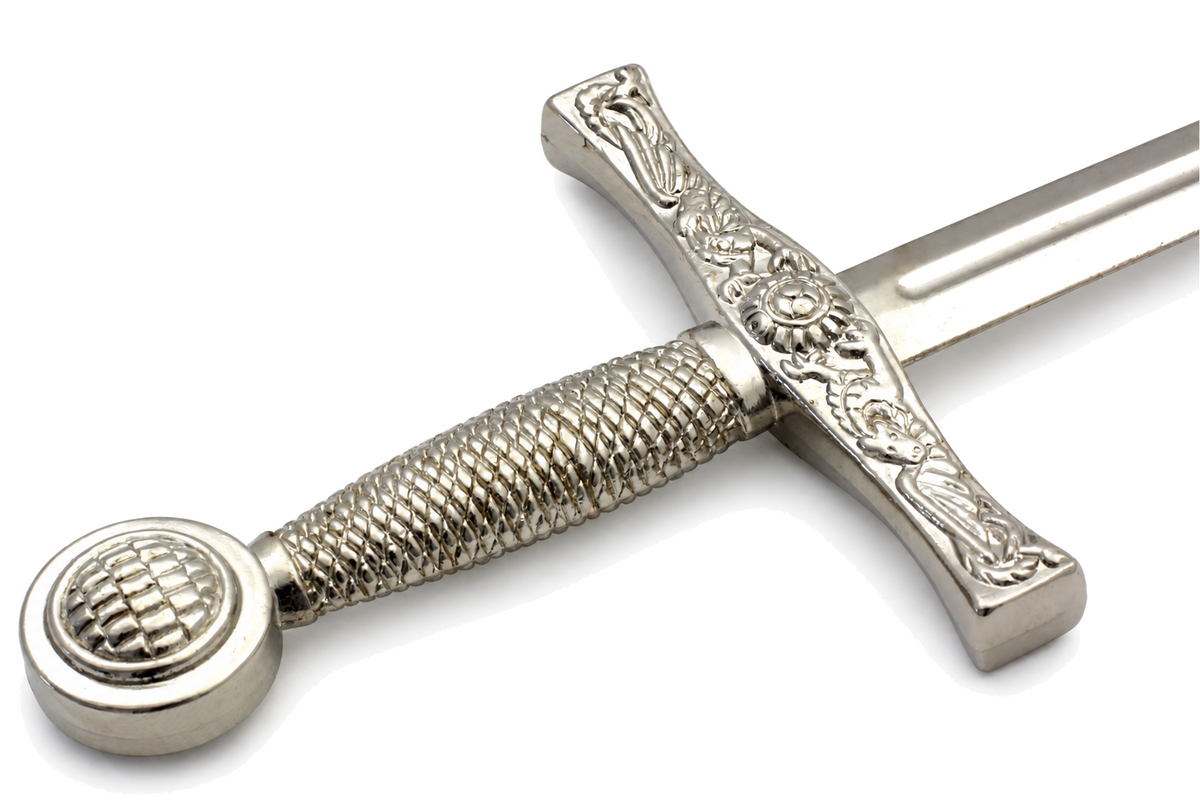 Denix 3080 Excalibur sword letter opener in bright nickel, angled crossguard and hilt close-up