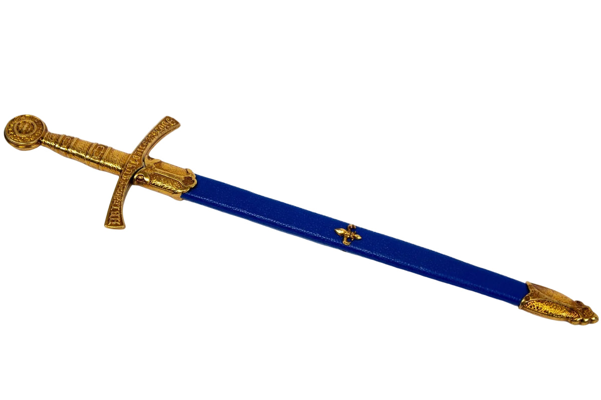 Denix 7081 medieval French sword letter opener with blue scabbard, angled view