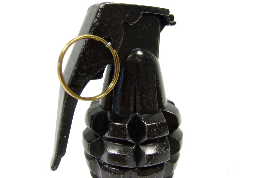 Black grenade with a gold ring on a white background, from Denix.