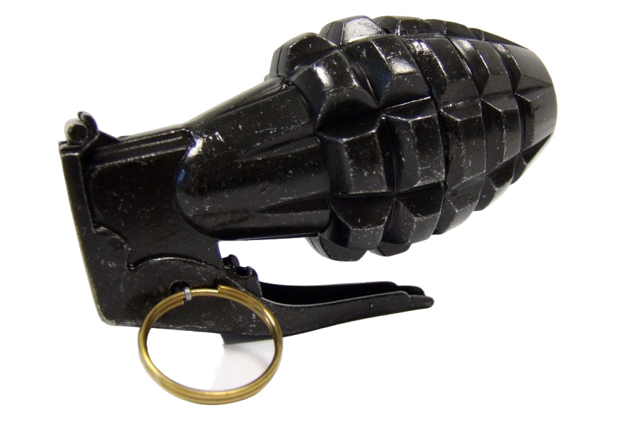 Black grenade model with a gold ring on a white background