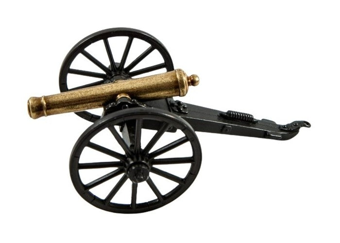 Model cannon with black wheels and a gold barrel on a white background