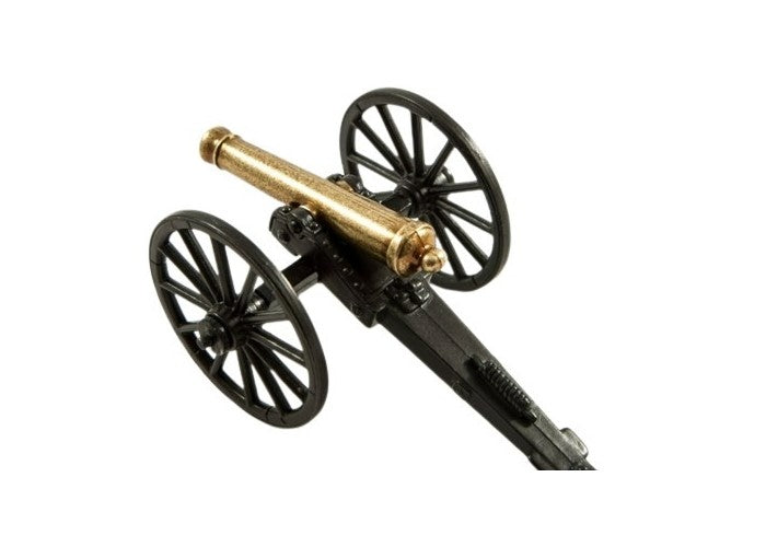 Model cannon with black wheels and a gold barrel on a white background