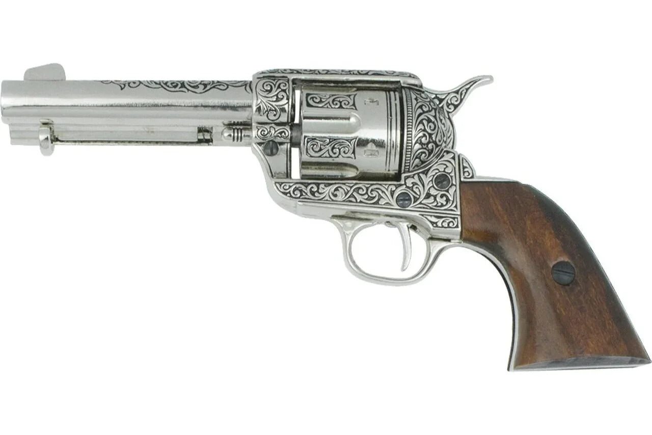 Denix Engraved M1873 Fast Draw Non-Firing Revolver In Nickel