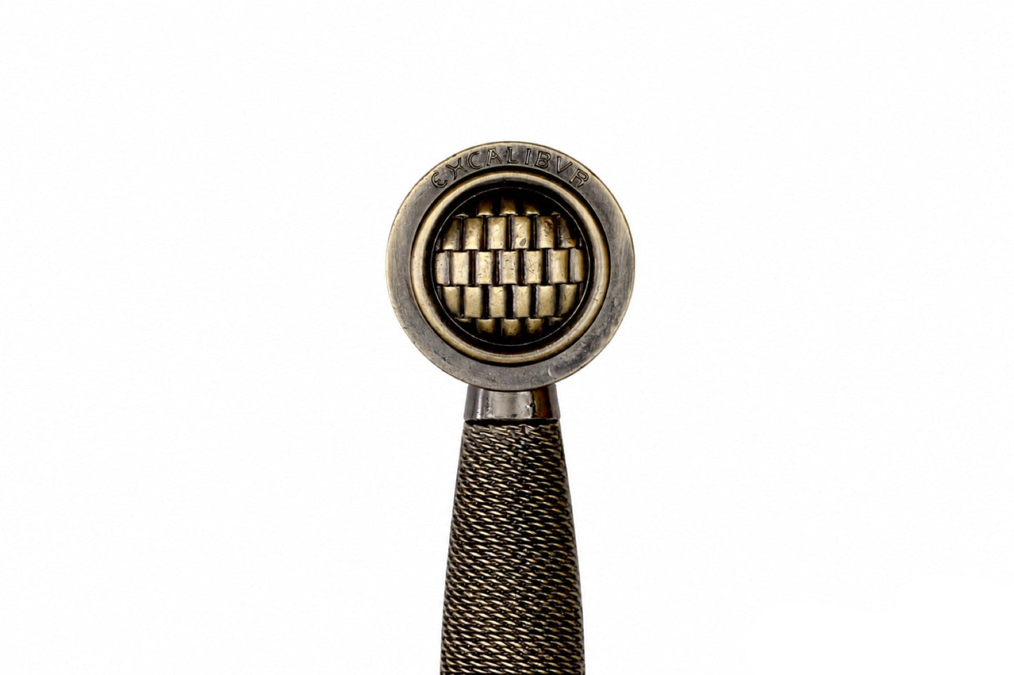 Denix Excalibur sword inscribed pommel and wire-wrapped grip detail on white