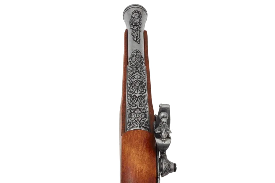 Denix German flintlock pistol replica with grey trim and engraved lock