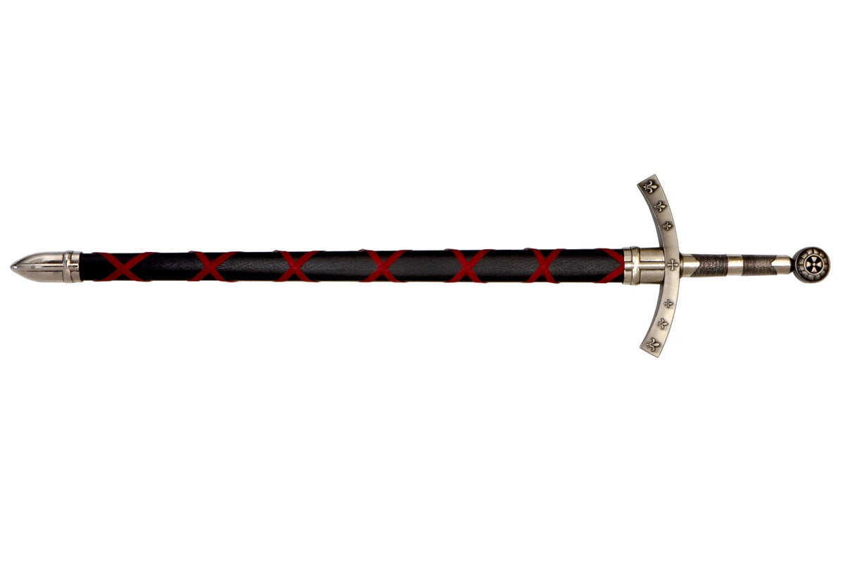 Denix 4188 Hugo de Payens sword and black scabbard from the reverse side, nickel-finish hilt at right