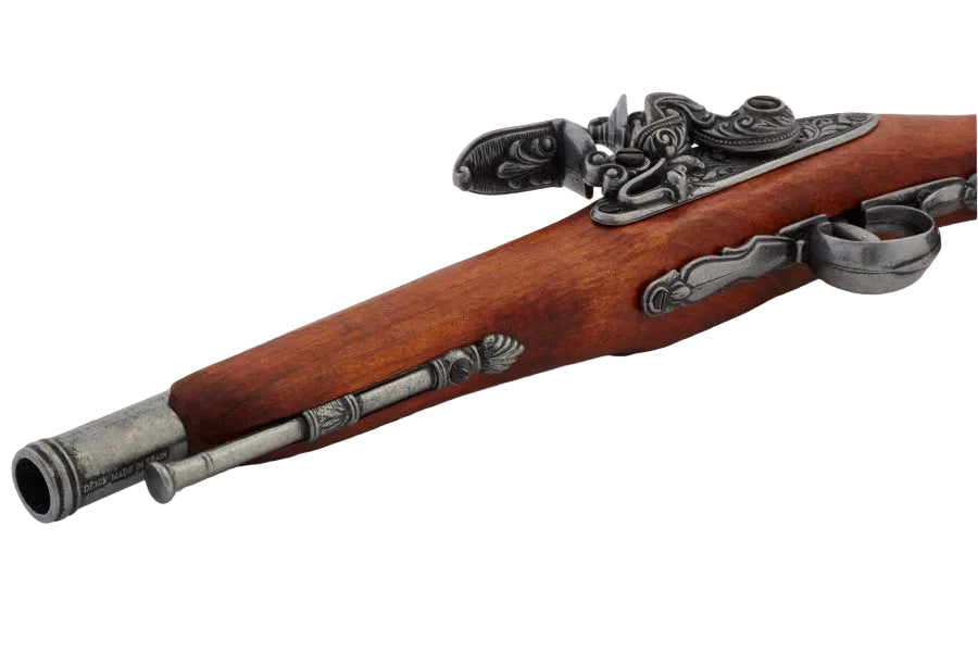 Denix left handed flintlock gray finish angled perspective showing full profile