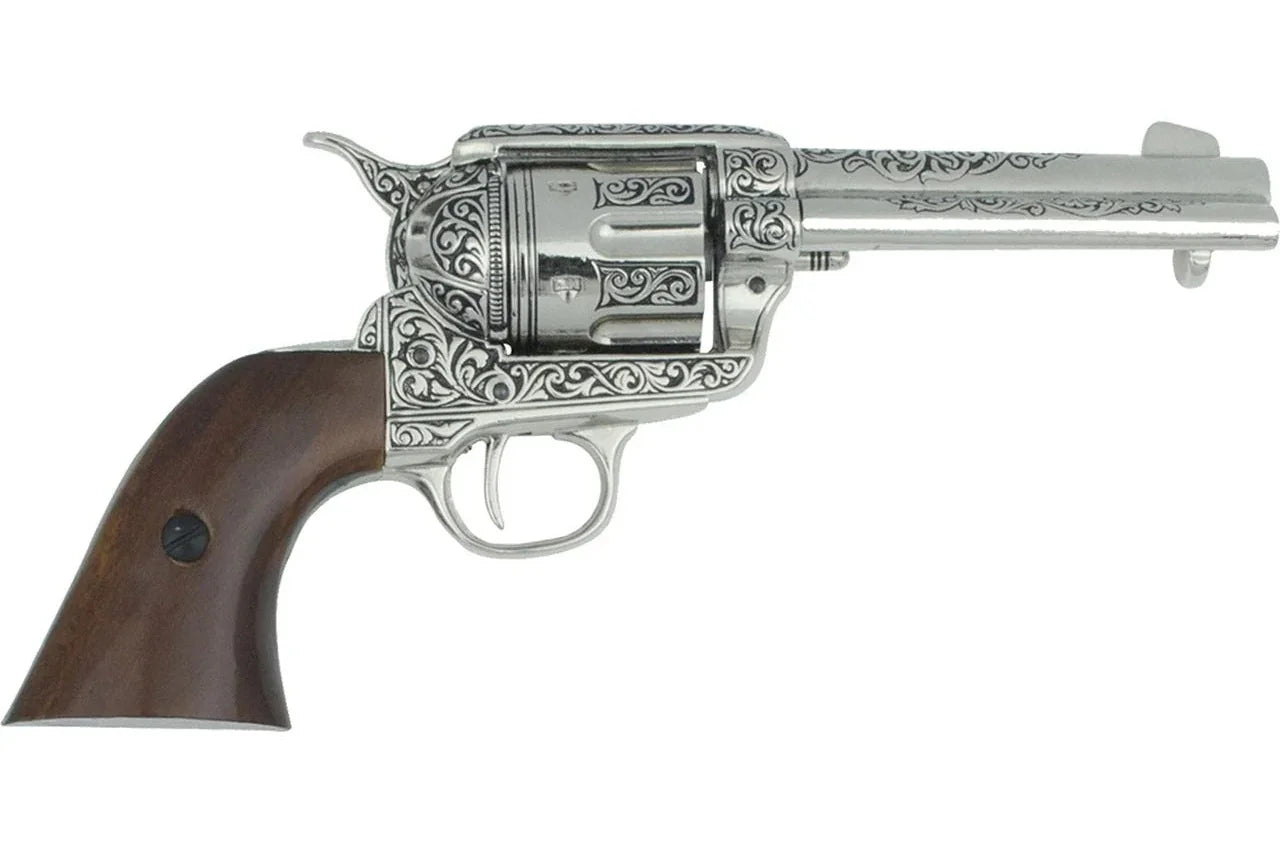 Denix Engraved M1873 Fast Draw Non-Firing Revolver In Nickel