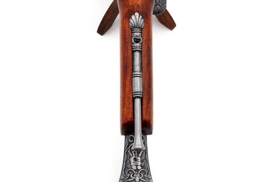 Front muzzle view of Denix pirate flintlock pistol non-firing replica created for historical displays and collections