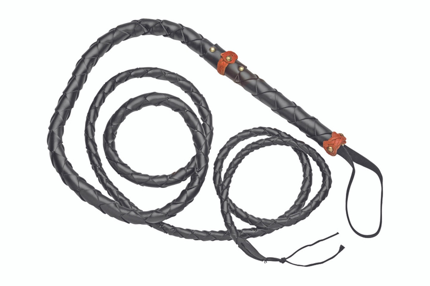 Black leather whip with red accents on a white background