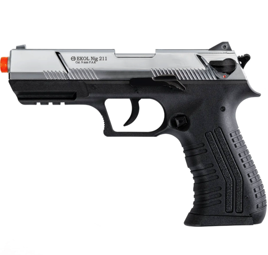 Black and silver gun with visible branding on a white background