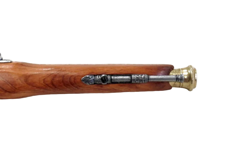 Front muzzle view of engraved colonial flintlock pistol replica with authentic 18th century styling