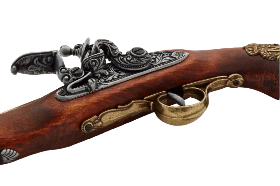 Angled view of historic left handed flintlock pistol replica inspired by Napoleonic era sidearms