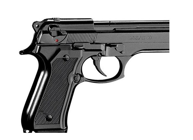 Display presentation of Kimar Model 92 front firing blank gun with black finish for film and reenactment