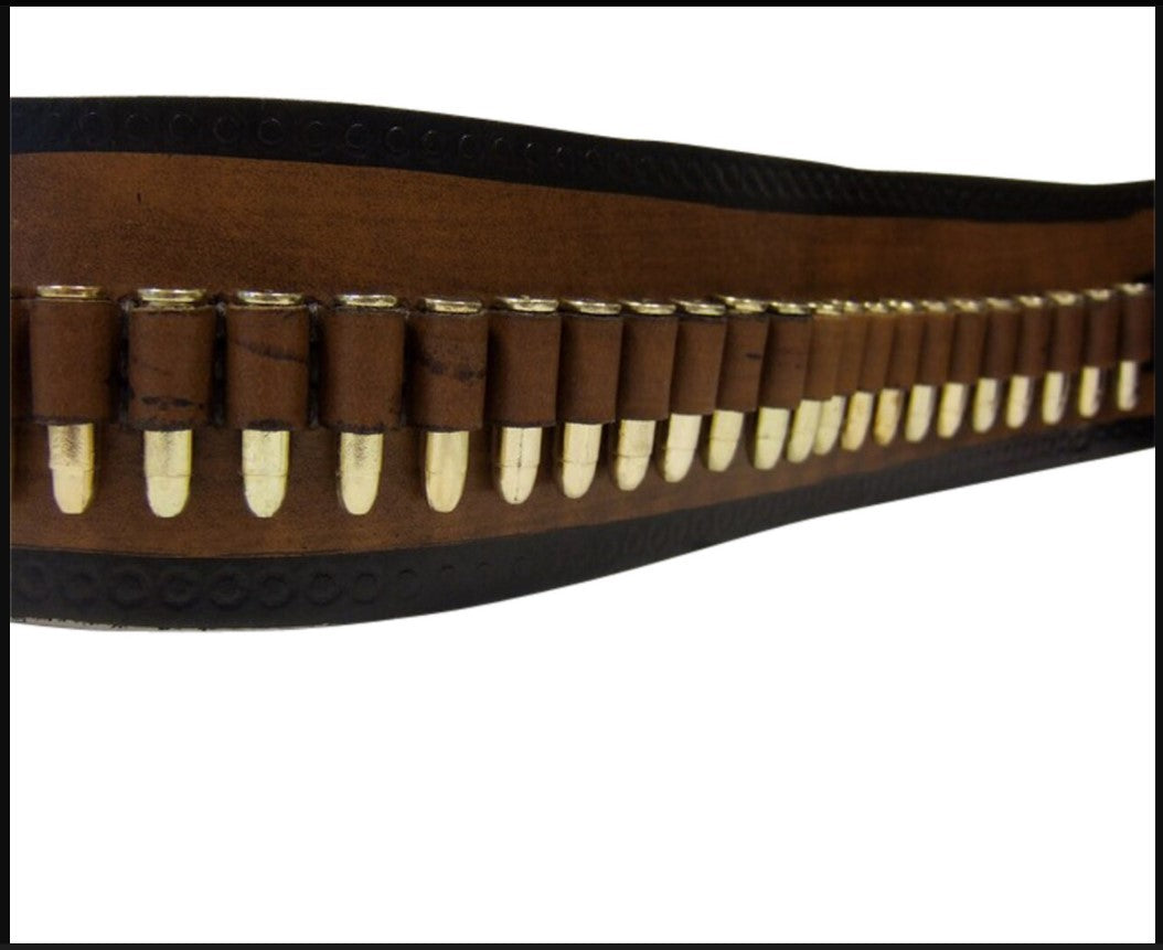 Brown leather belt with gold-colored bullets on a white background