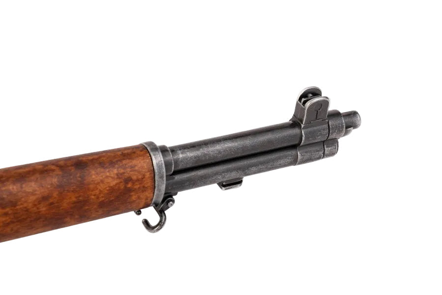 Barrel and front sight close up of the M1 Garand 30 caliber replica rifle with accurate military features