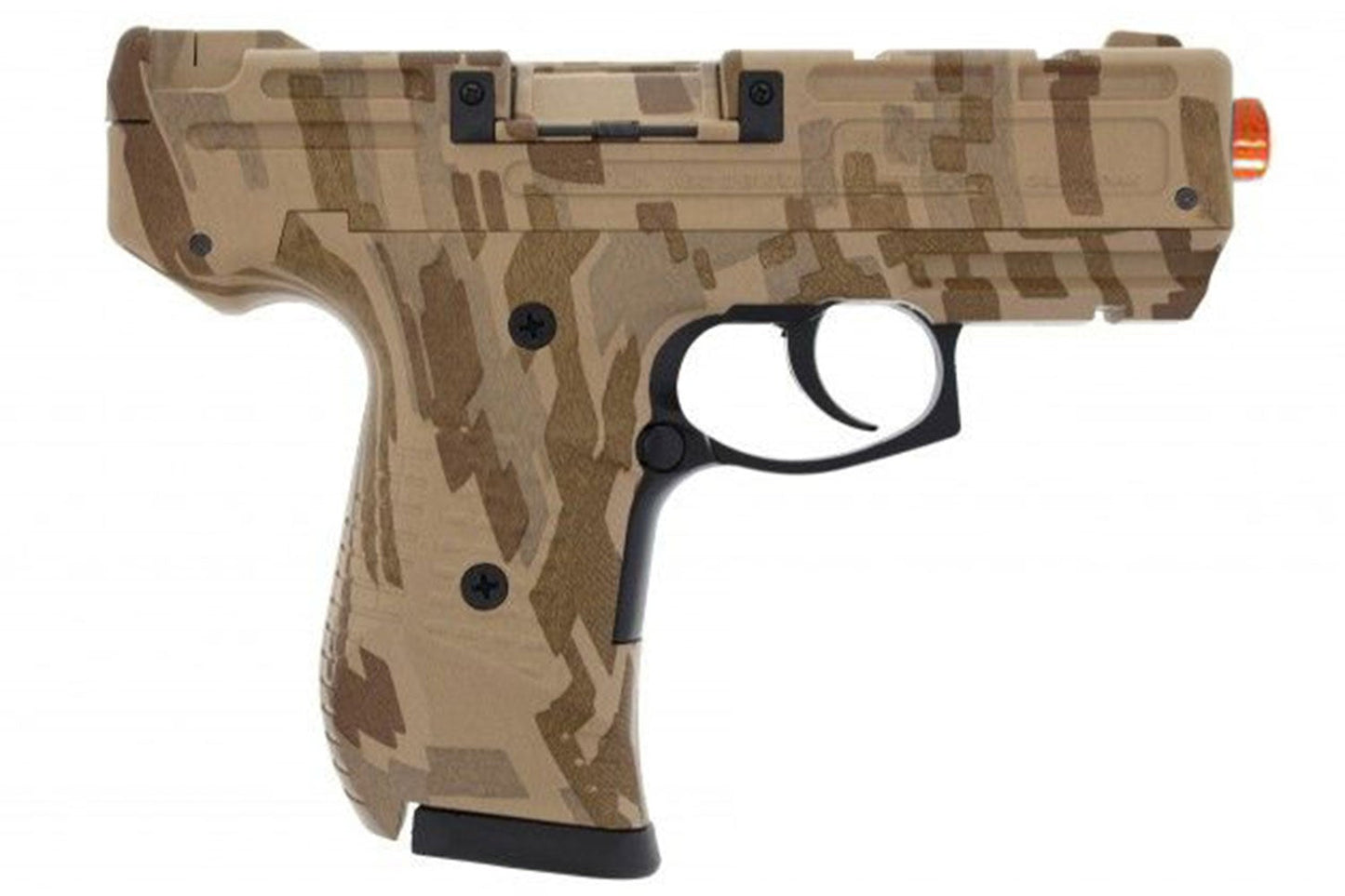 Camouflage-patterned toy gun on a white background