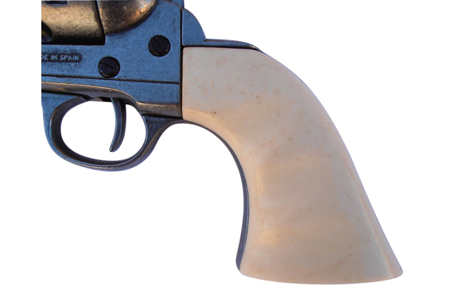 Focus on ivory style grips of Old West Frontier grey finish revolver replica