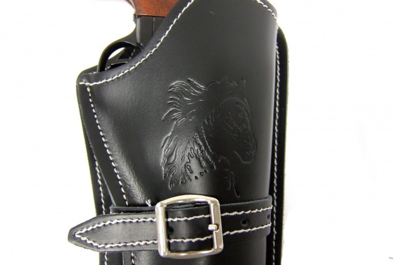Black leather holster with horse embossing and silver buckle on a white background