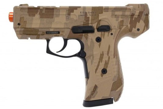 Camouflage-patterned toy gun on a white background
