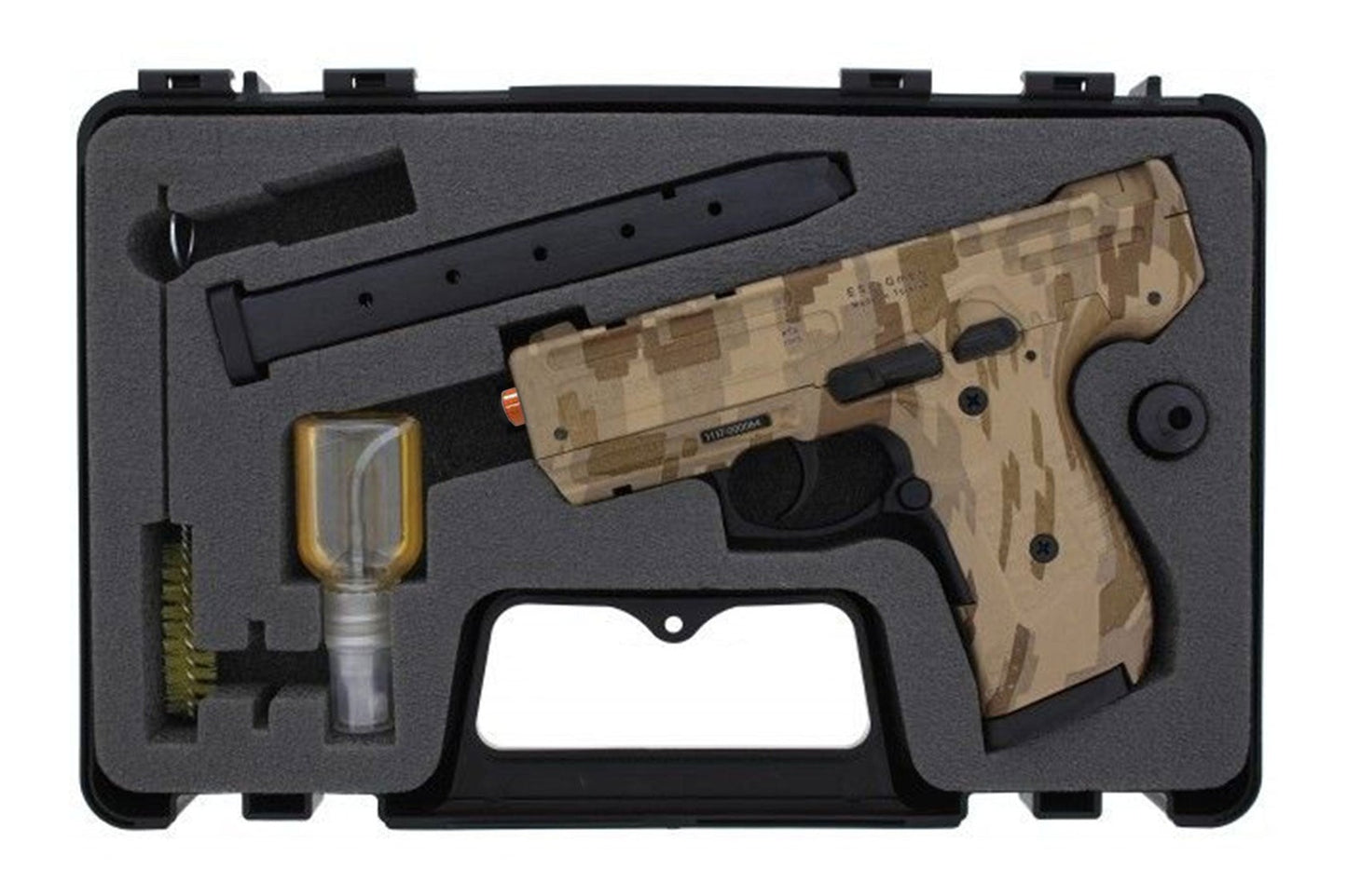 Camouflage toy gun with accessories in a black case on a white background