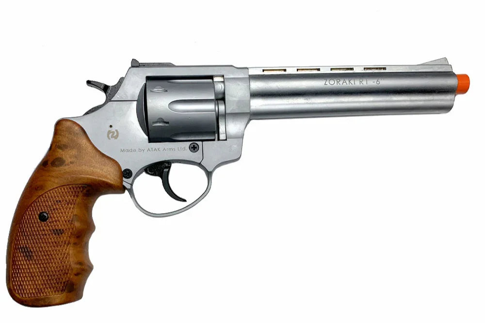 Zoraki R1 6” Barrel Front Firing Blank Revolver, Wood Grips, Silver