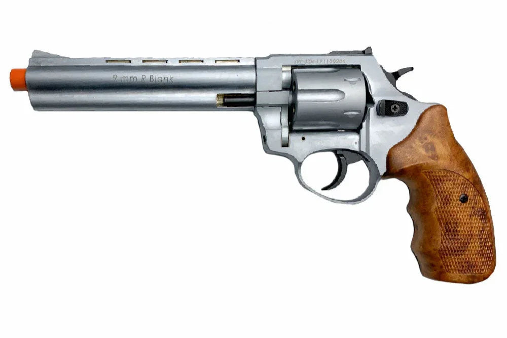 Zoraki R1 6” Barrel Front Firing Blank Revolver, Wood Grips, Silver