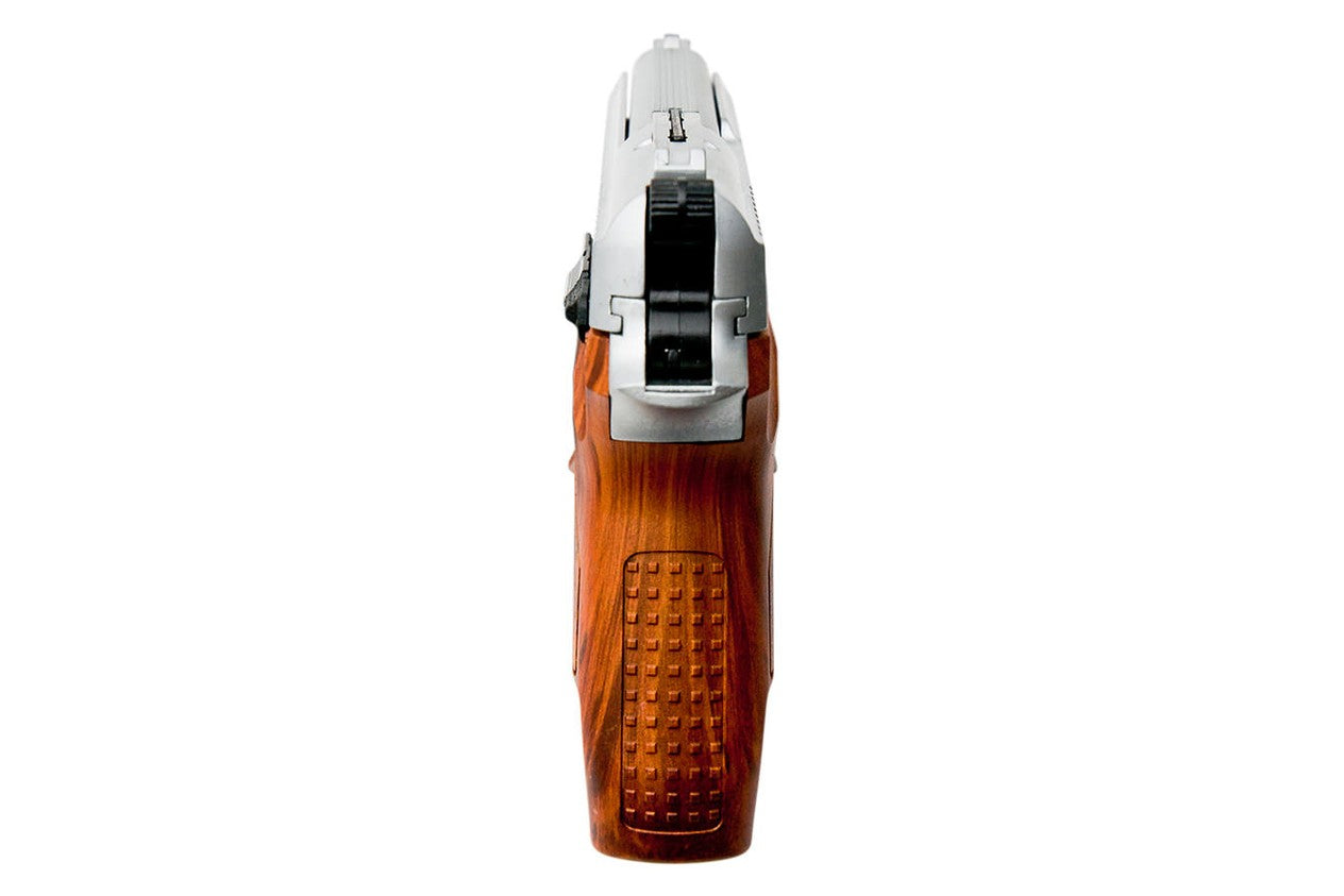Pistol with wooden grip and silver metal on a white background