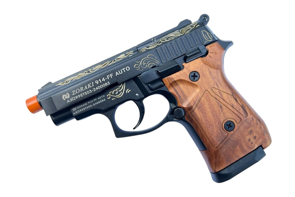 Zoraki 914-FF AUTO airsoft gun with wooden grip on a white background