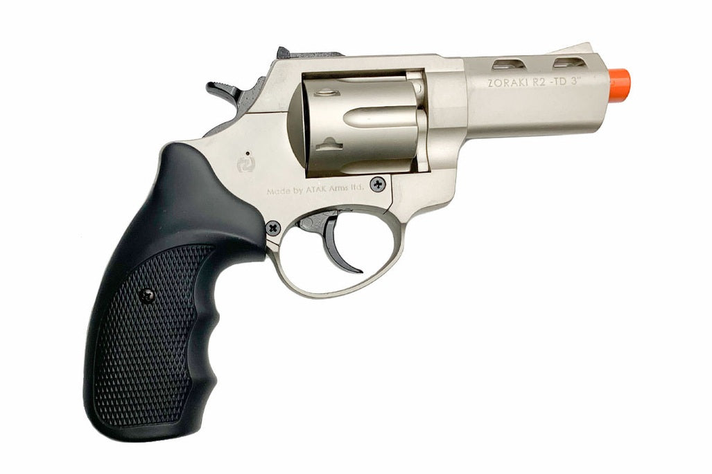 Revolver with black grip and silver body on a white background