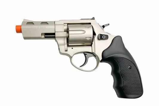 Revolver with black grip and orange tip on a white background