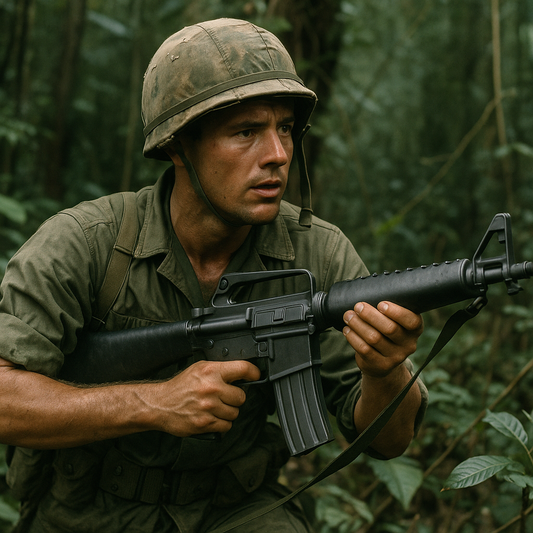 soldier carrying m16 rifle through the jungle