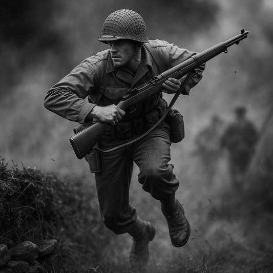 US soldier running with a Garand Rifle