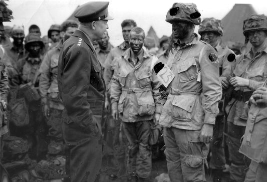 General Dwight D. Eisenhower speaking with 502nd Parachute Infantry Regiment troops before D-Day on June 5, 1944