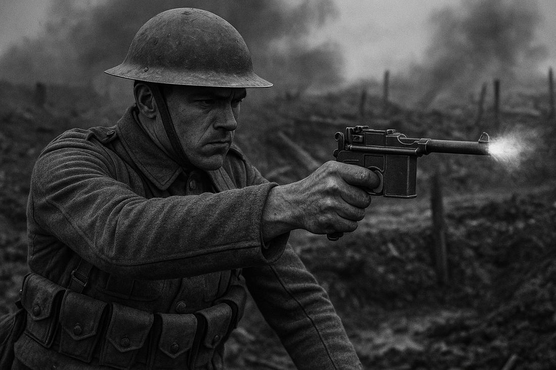 soldier firing a mauser c96 broom handle gun during combat
