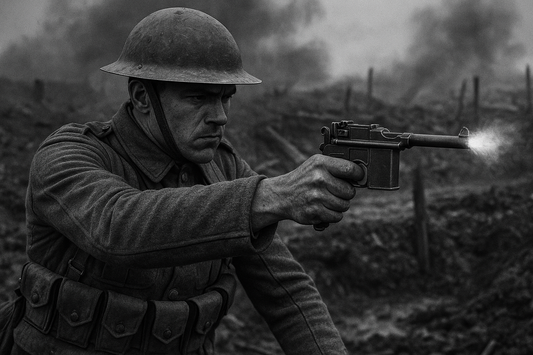 soldier firing a mauser c96 broom handle gun during combat