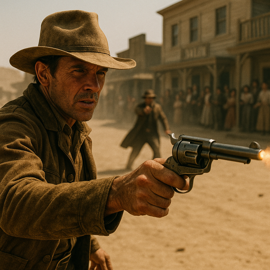 Cowboy firing a Colt Piecemaker revolver during a shootout