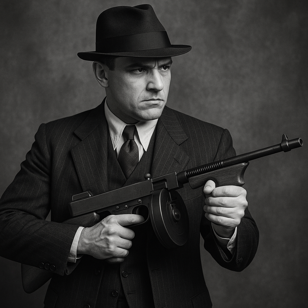 1920s gangster holding a thompson machine gun