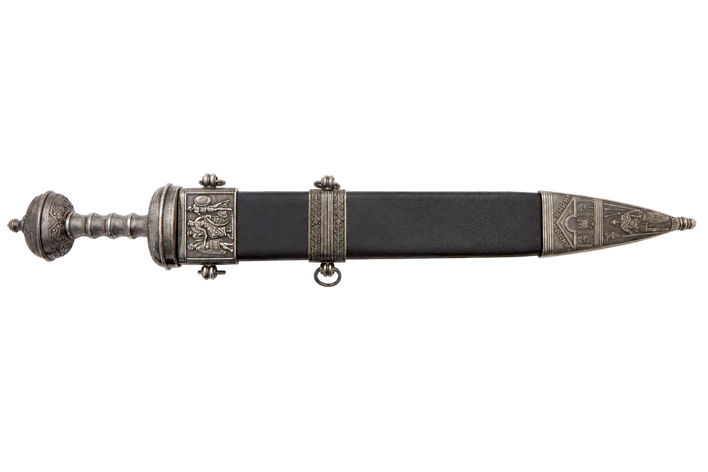 Denix 4116/NQ silver-trim Julius Caesar sword in black scabbard, left-facing view